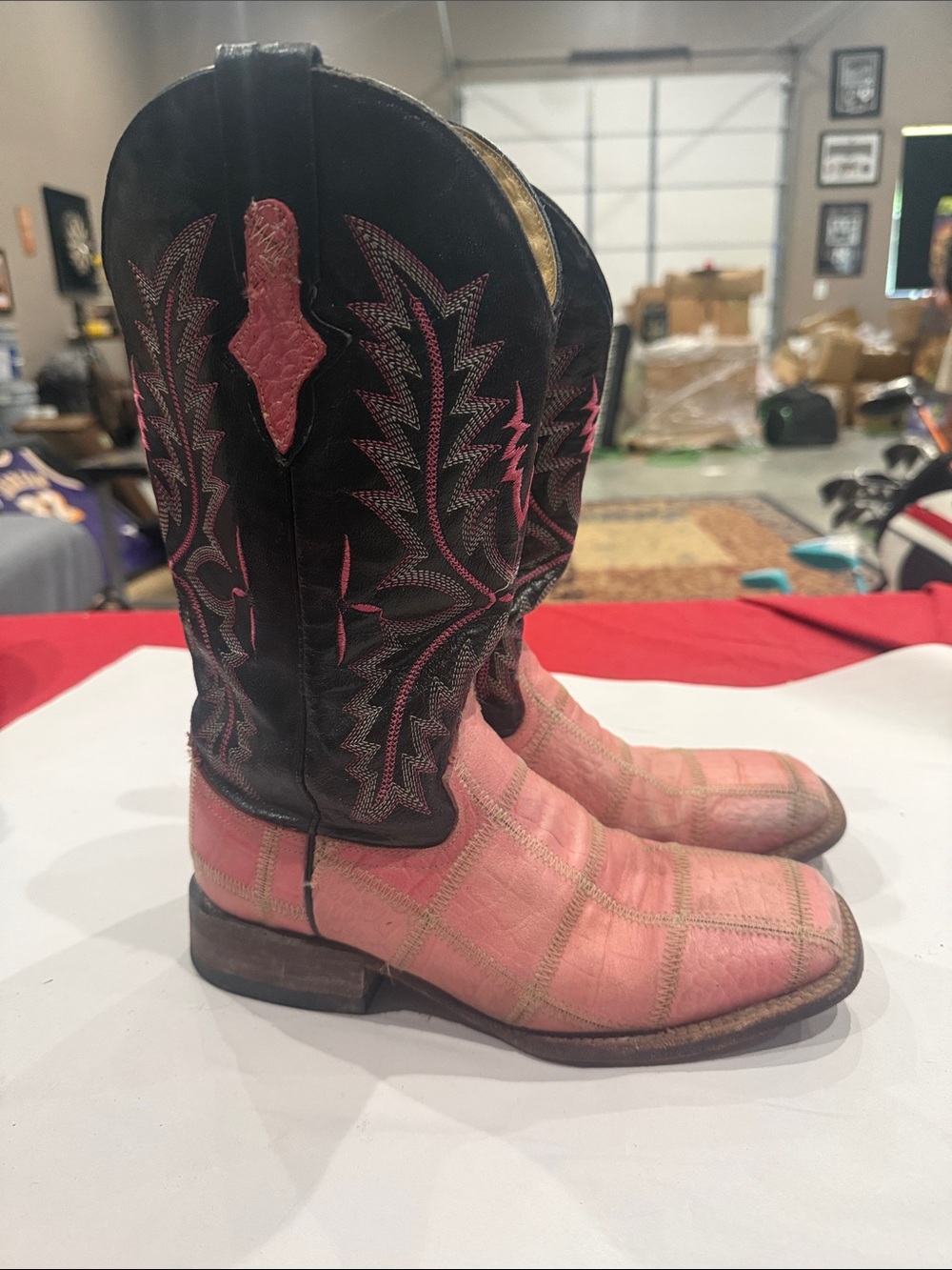 Ferrini Black and pink Leather Cowboy Boots - Branded Interior